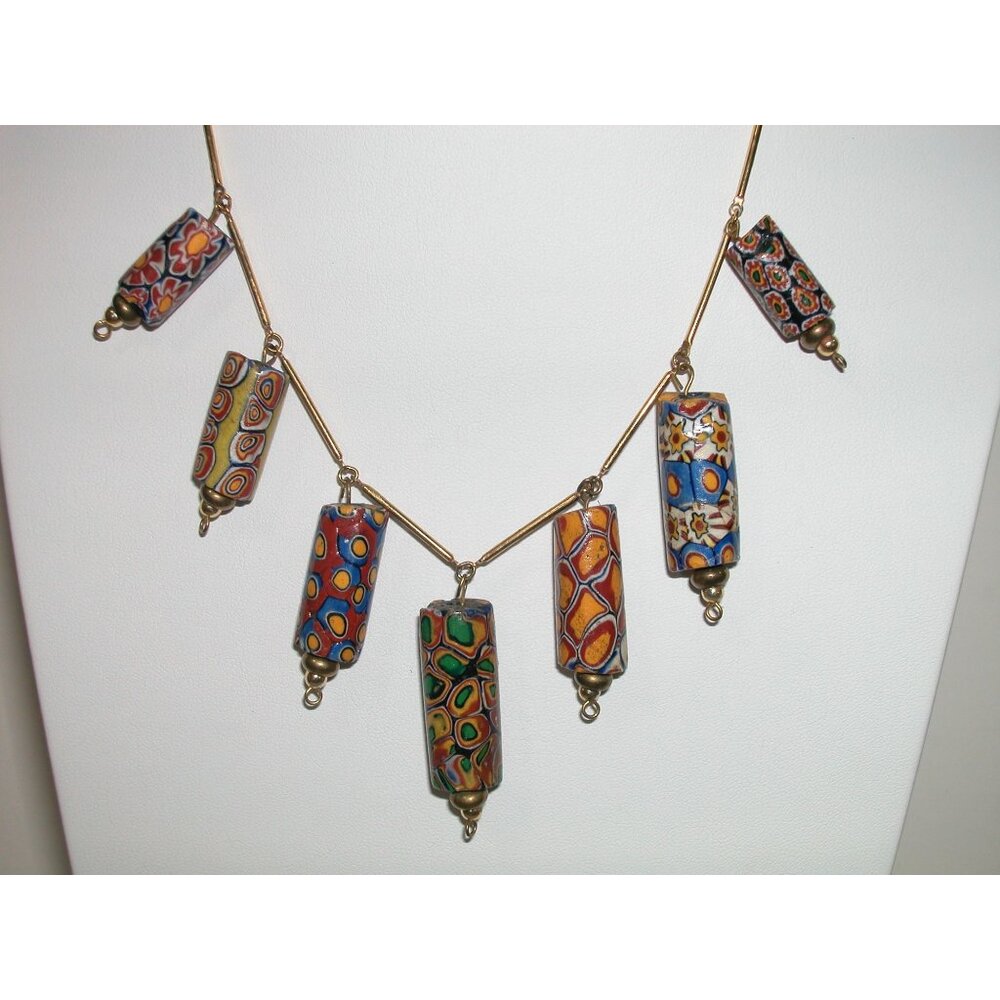 Vintage Millefiori Glass Bead Necklace With Gold-Tone Bar Links & Spring Ring